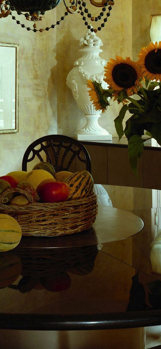 table, still life, fruit, imitation, flowers, bouquets, sunflowers