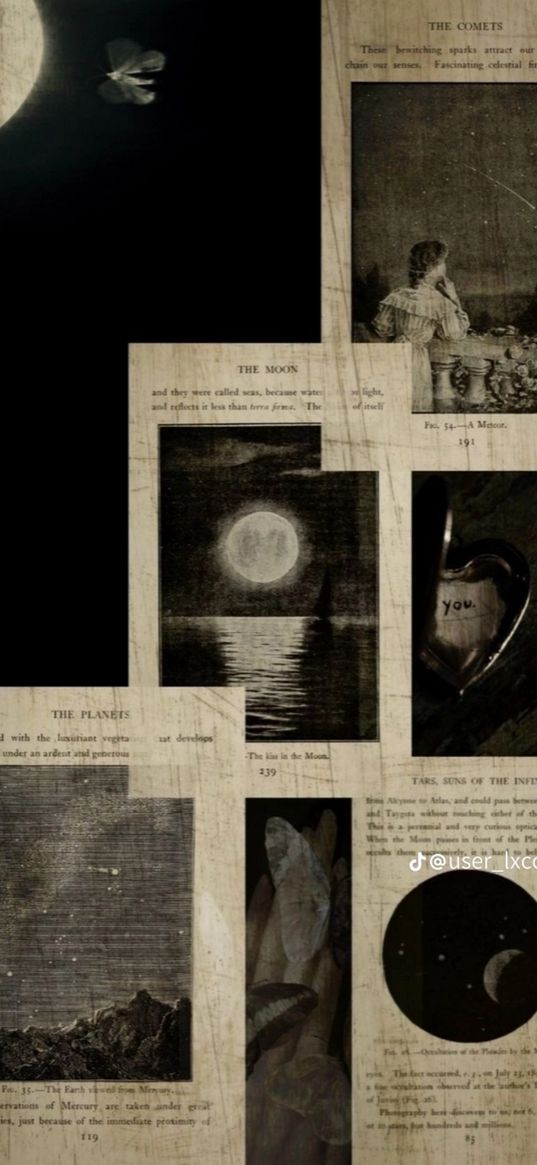 paper, pictures, text, moon, dark