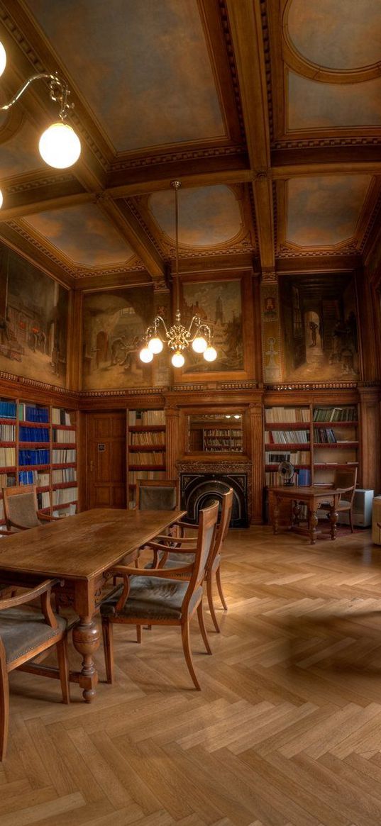 library, style, table, books, wooden