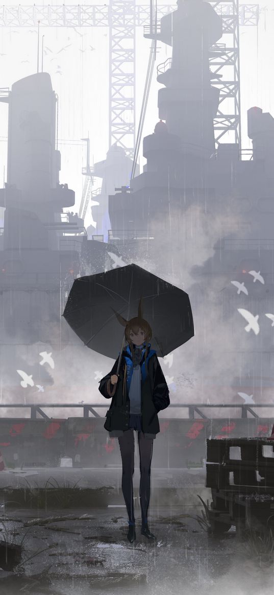 amiya, arknights, girl, umbrella, smoke, birds, game, art