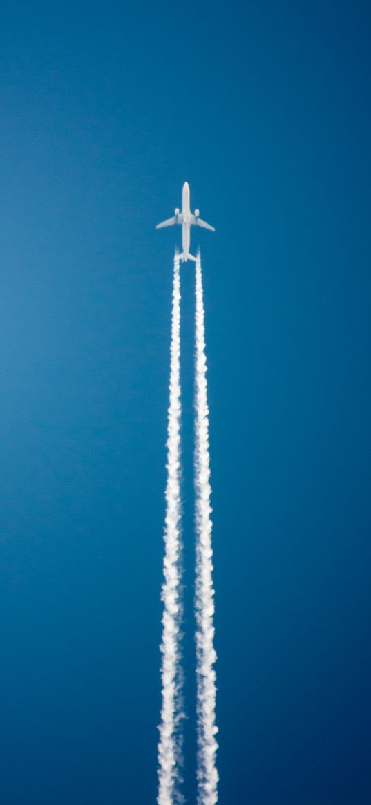 plane, sky, flight, traces, minimalism, blue