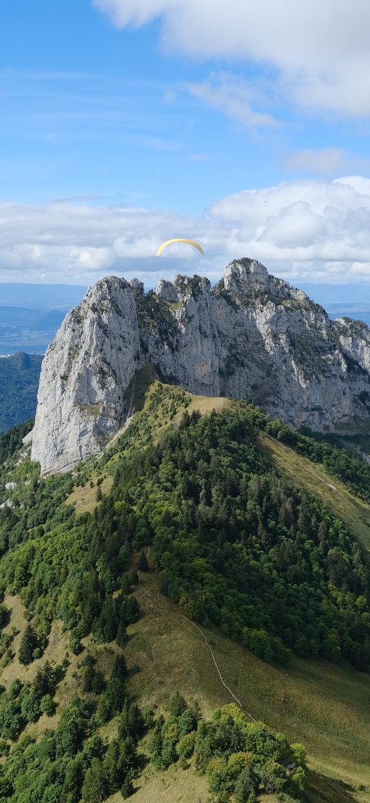 rocks, mountain, slope, trees, paraglider