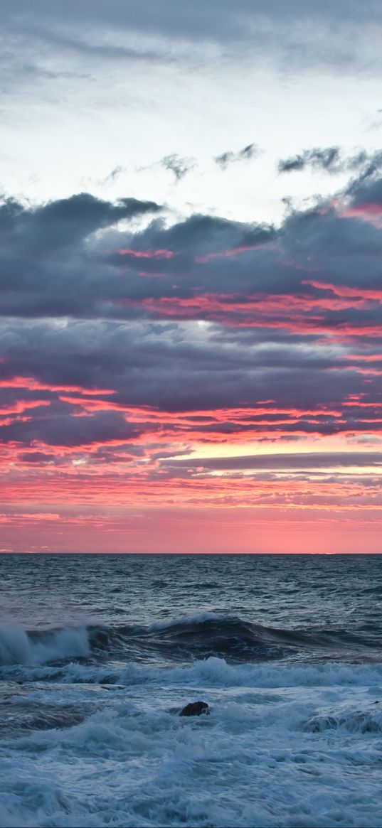 sea, waves, foam, horizon, clouds