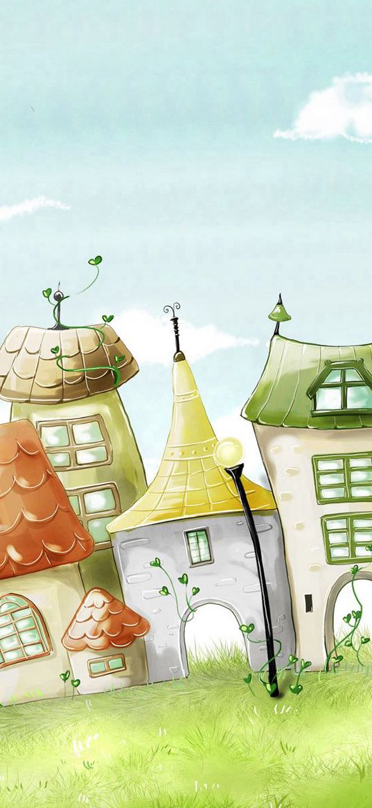 town, houses, buildings, grass, imagination