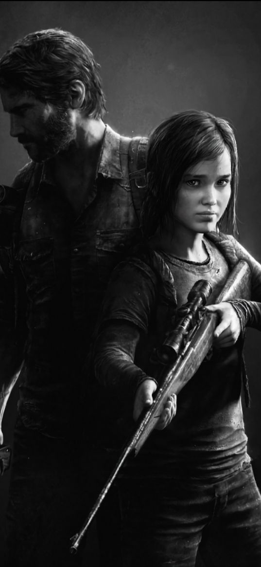 joel, ellie, the last of us, game, characters, weapons, black and white, art