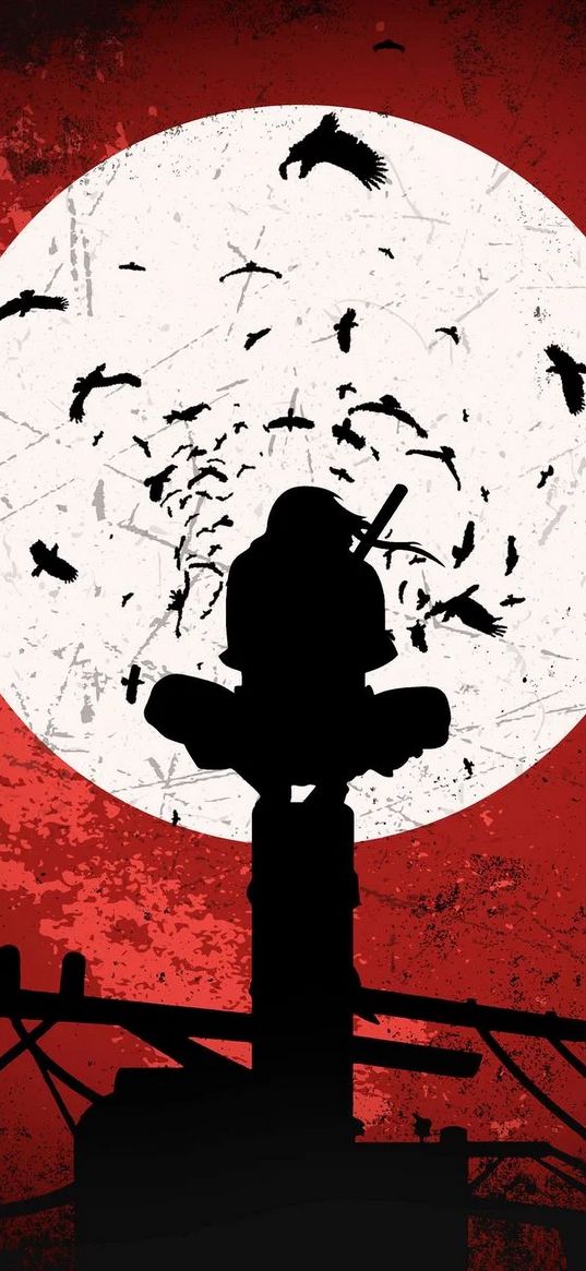 itachi uchiha, naruto, anime, silhouette, moon, red, art