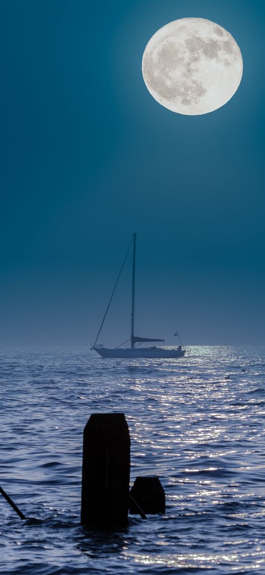 boat, mast, sea, moon, pilings, night