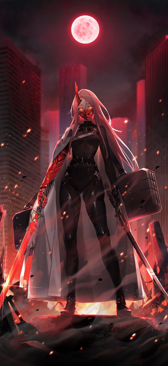 girl, anime, art, mask, swords, canister, city, moon