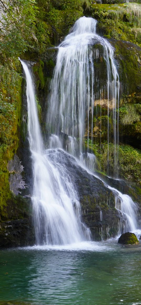 waterfall, cascade, stones, moss, landscape