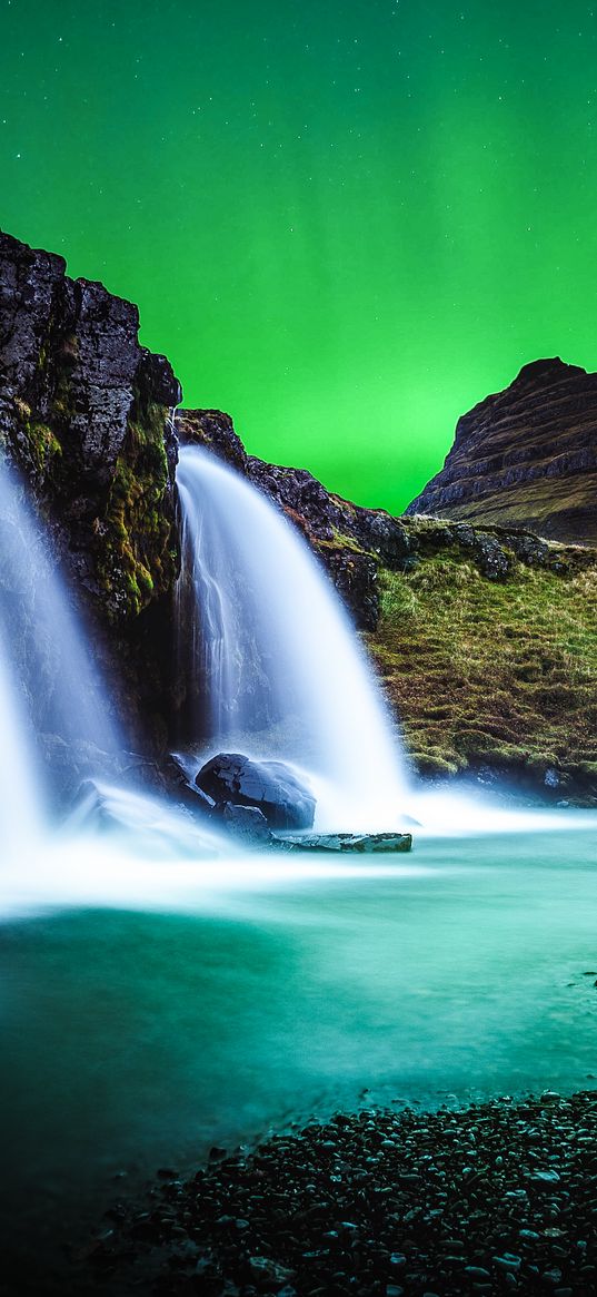 waterfall, mountain, water, pebbles, северное сияние, ночь