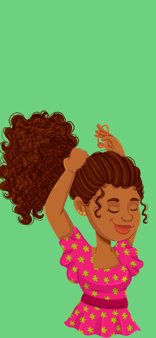 girl, ponytail, hairstyle, elastic band, green background, art