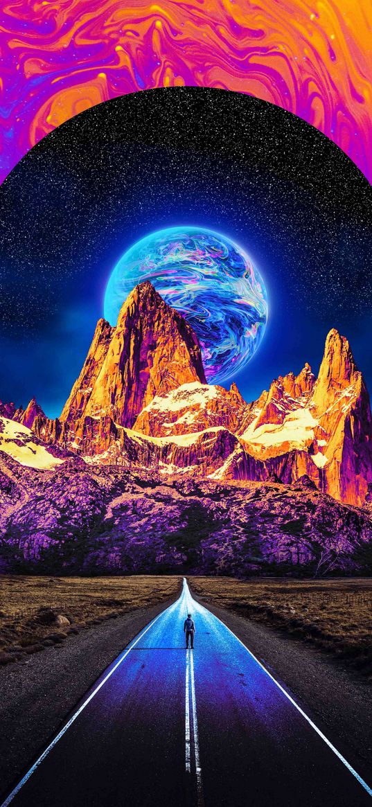 man, lonely, road, mountains, planet, stars, fantasy, art