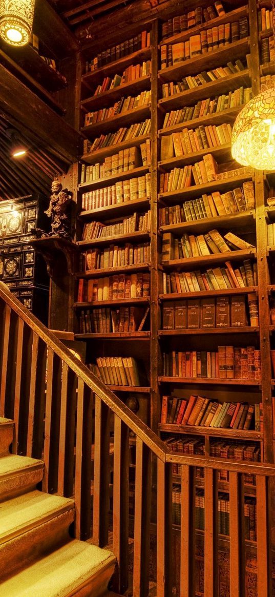 library, staircase, room, light, wooden