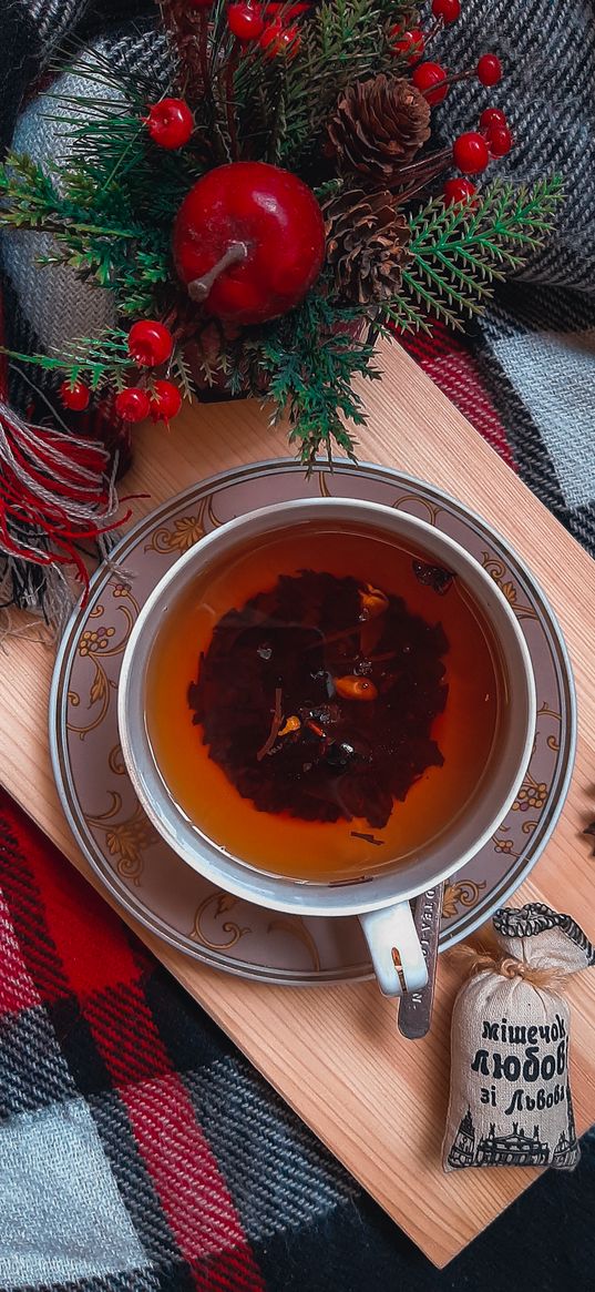 tea, fir branches, berries, cones, decoration, pouch, plaid, comfort, aesthetics