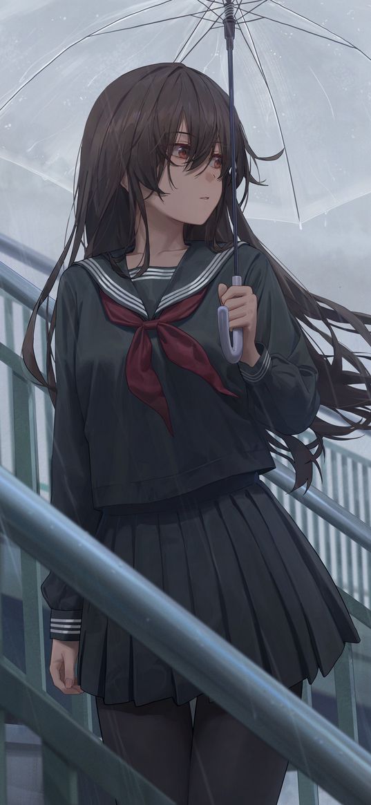 girl, school uniform, beautiful, lonely, umbrella, rain, stairs, anime, art