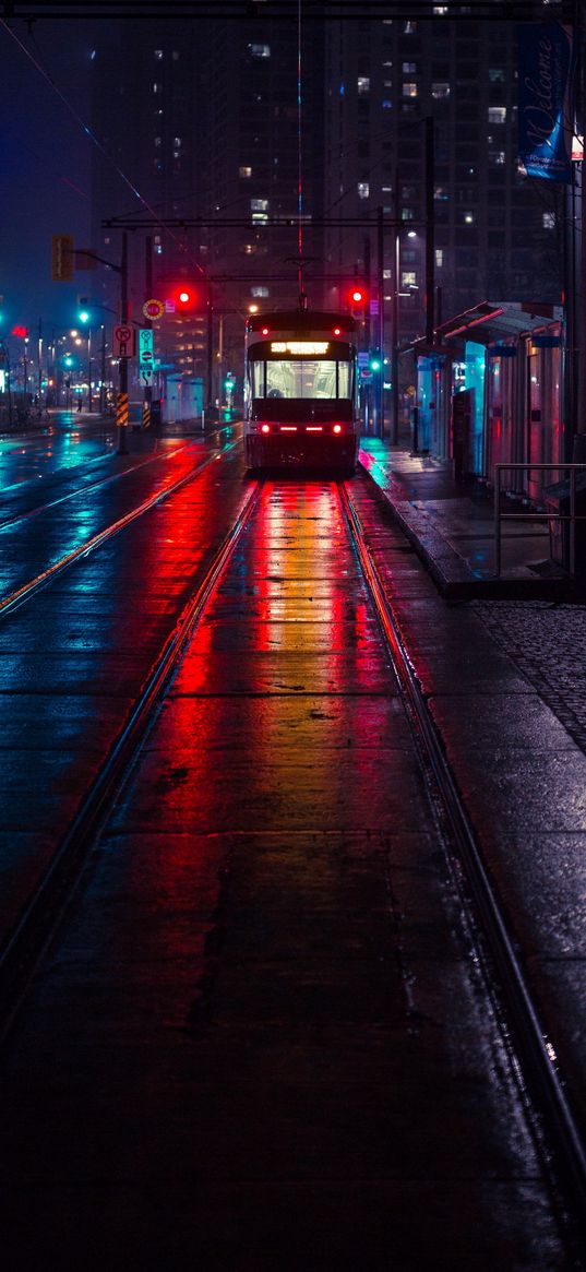 tram, stop, rails, city, lights, night