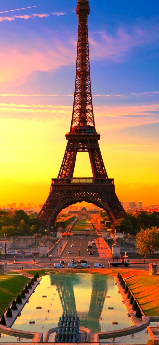 eiffel tower, sunset, road, fountain, paris, france