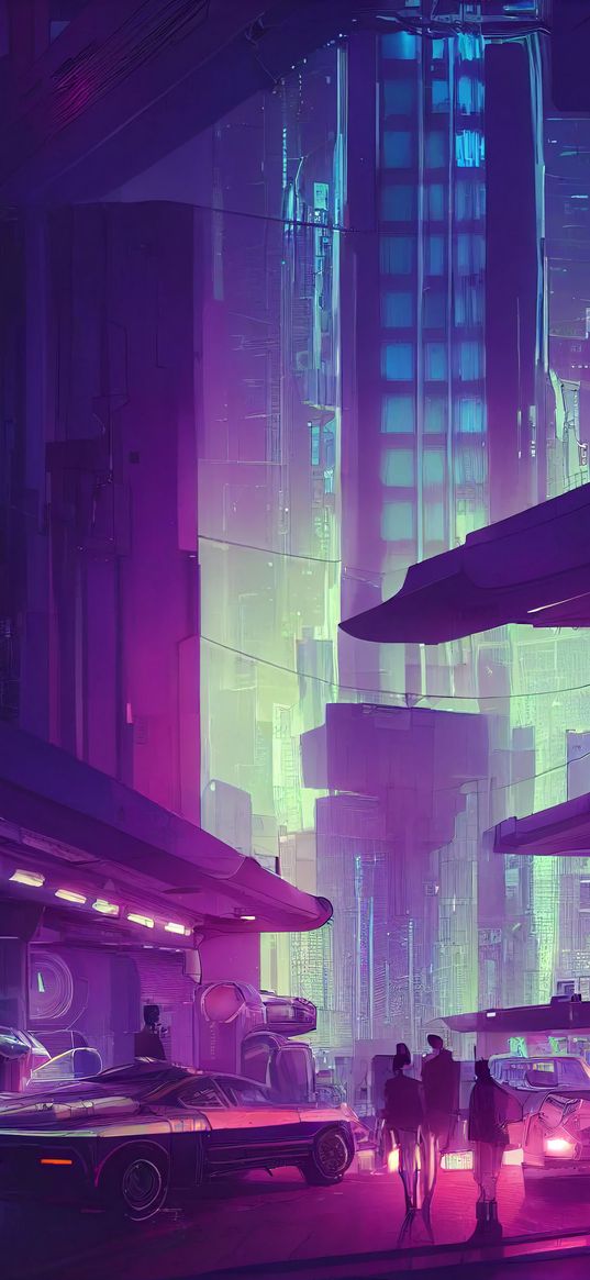 city, people, cars, cyberpunk, art