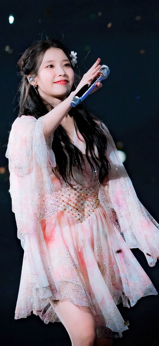 iu, k-pop, singer, girl, dress, microphone, smile