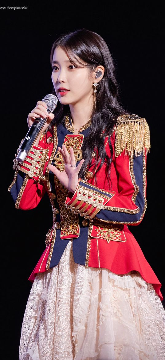 iu, k-pop, singer, girl, uniform, gesture, microphone