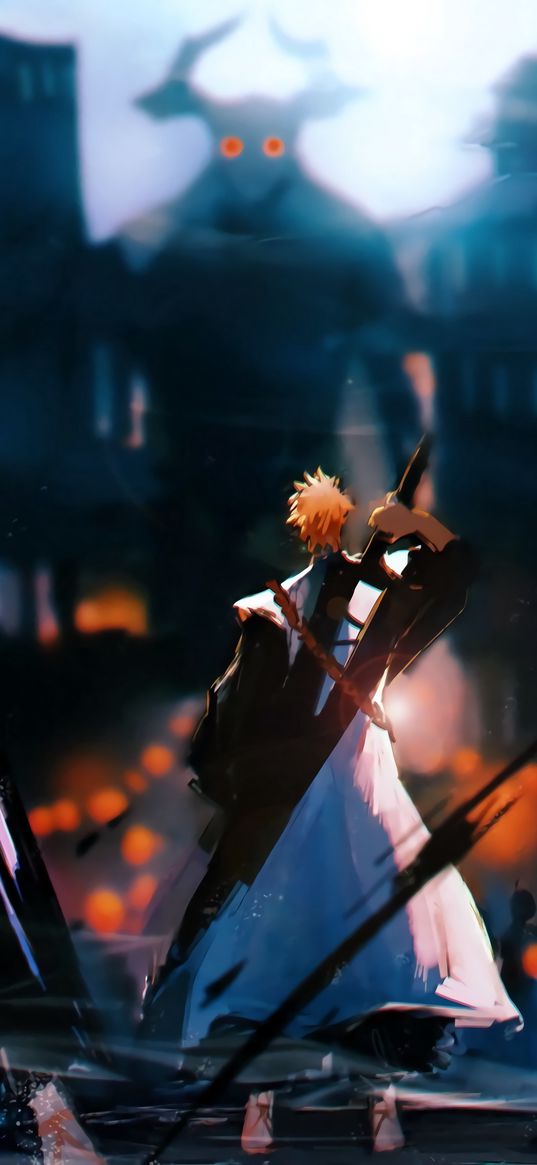 ichigo kurosaki, bleach, anime, guy, warrior, samurai, sword, monster, city, art