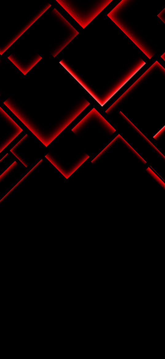 squares, shapes, geometry, neon, red, black background, abstraction