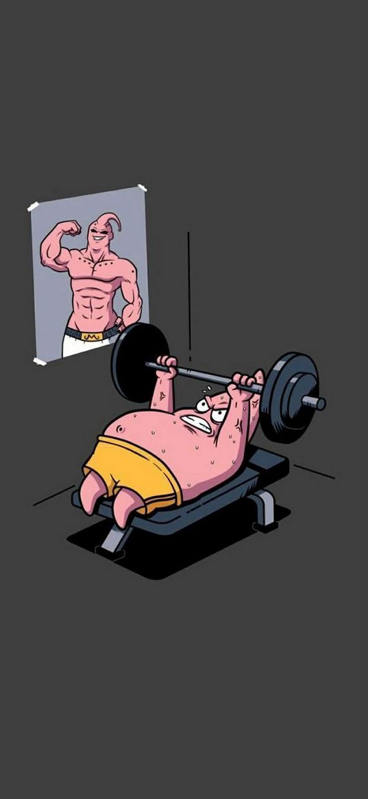 patrick, spongebob, cartoon, barbell, workout, motivation, poster, art