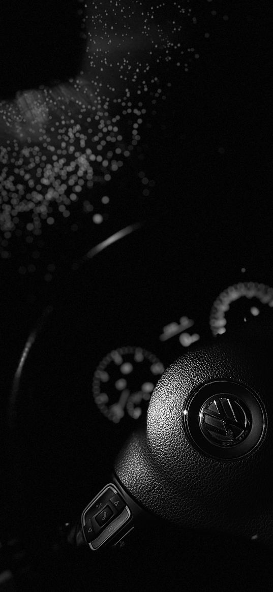 volkswagen, car, rain, night, dark, black and white