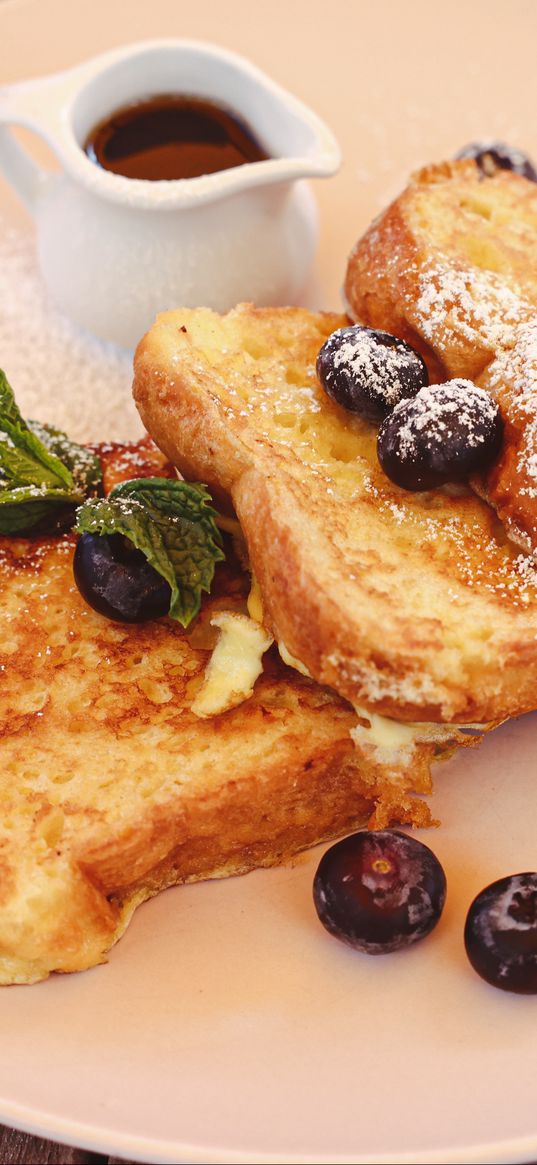 toasts, blueberries, berries, powder, dessert