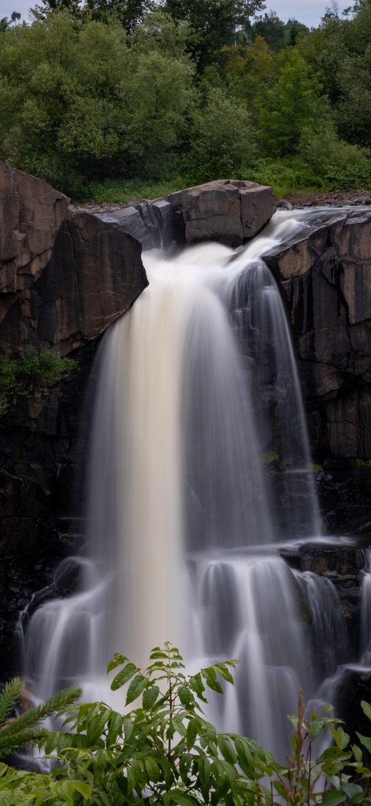 waterfall, rock, water, bushes, landscape