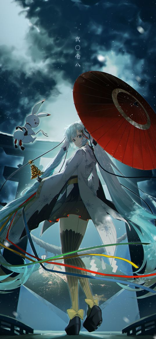 miku hatsune, vocaloid, anime, girl, dress, umbrella, gate, clouds, sky, art