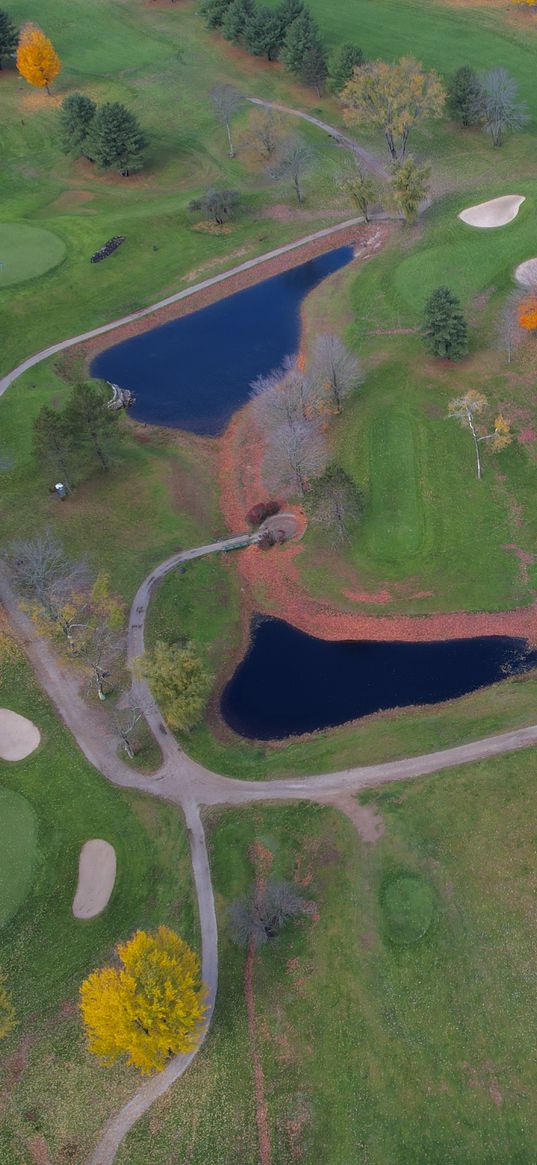 park, paths, lakes, trees, aerial view