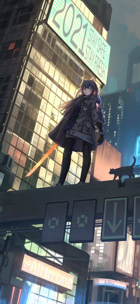 texas, arknights, anime, girl, game, art, sword, cat, city