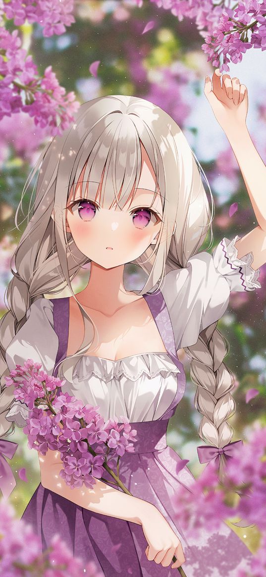 girl, beautiful, cute, blonde, dress, braids, lilac, flowers, purple, anime, art