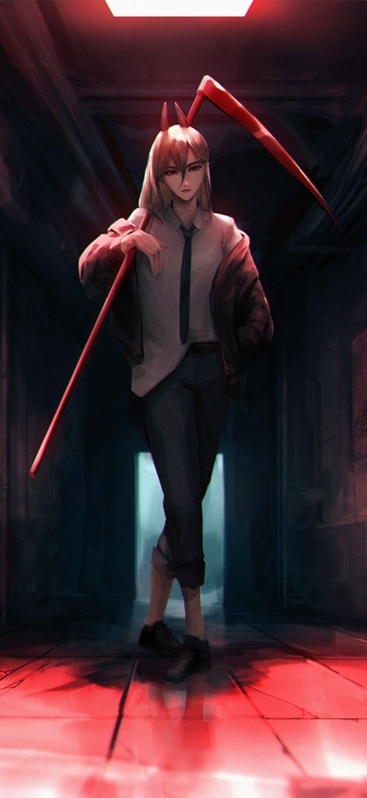 power, chainsaw man, anime, girl, horns, scythe, corridor, red light, art