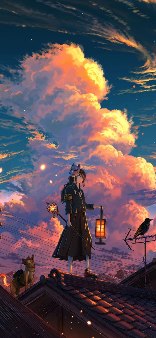 girl, dog, crow, mask, lantern, staff, roofs, clouds, sunset, anime, art