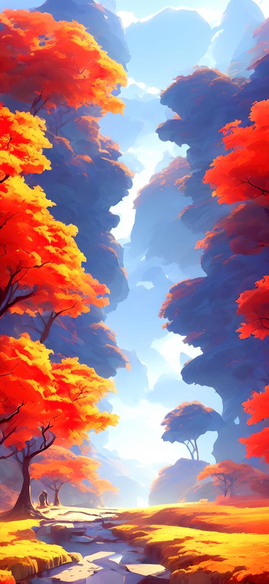 trees, forest, autumn, bright, art