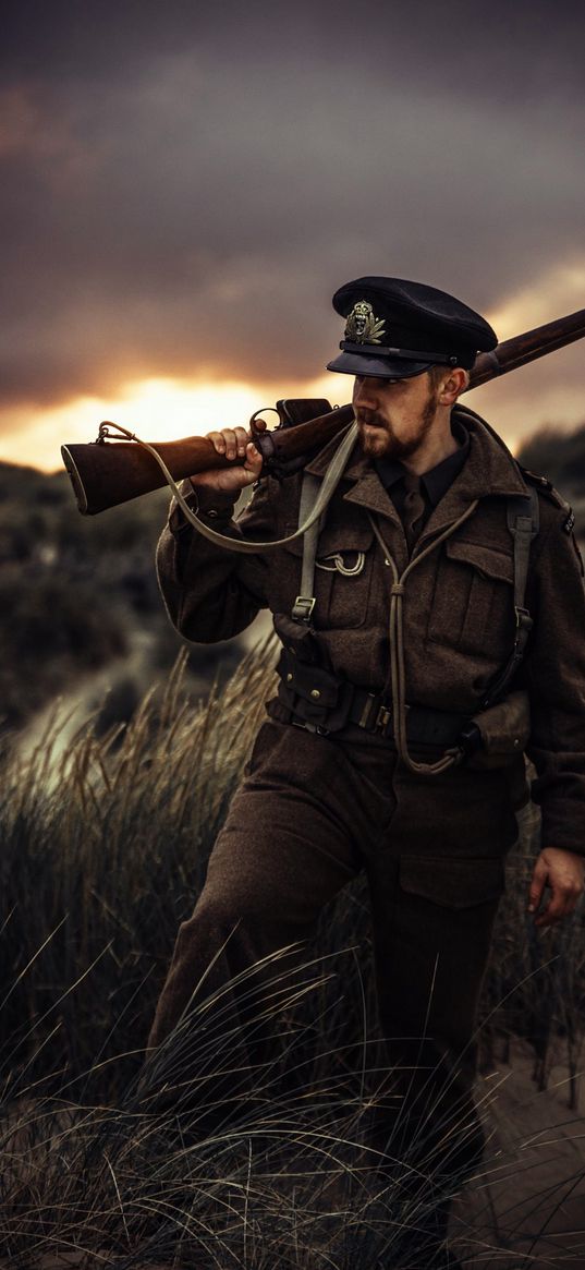 soldier, man, military uniform, rifle, grass, hill, sunset