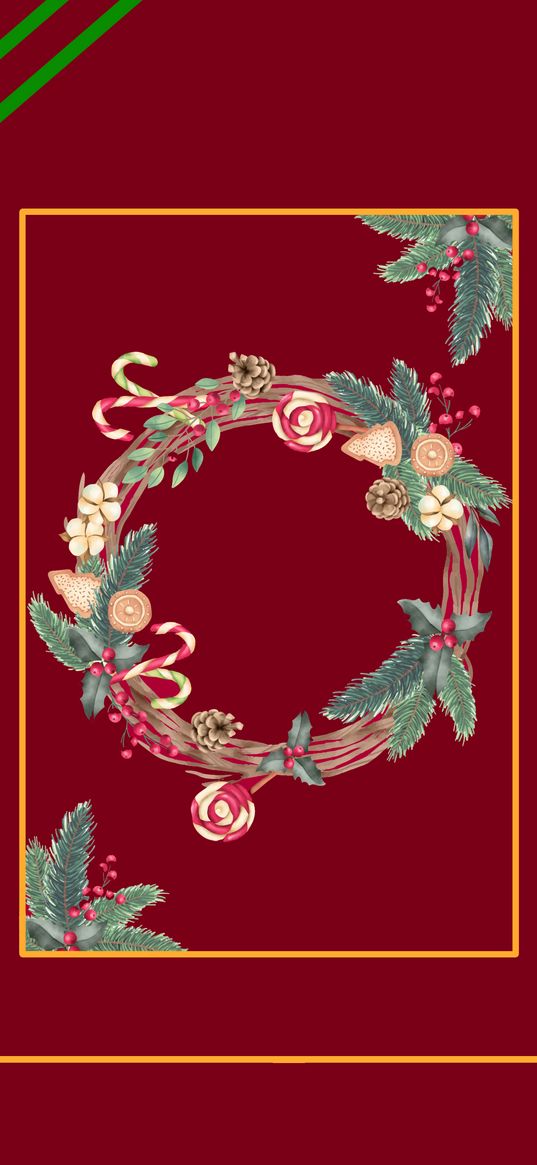 wreath, fir branches, christmas decoration, new year, christmas, holiday, red background