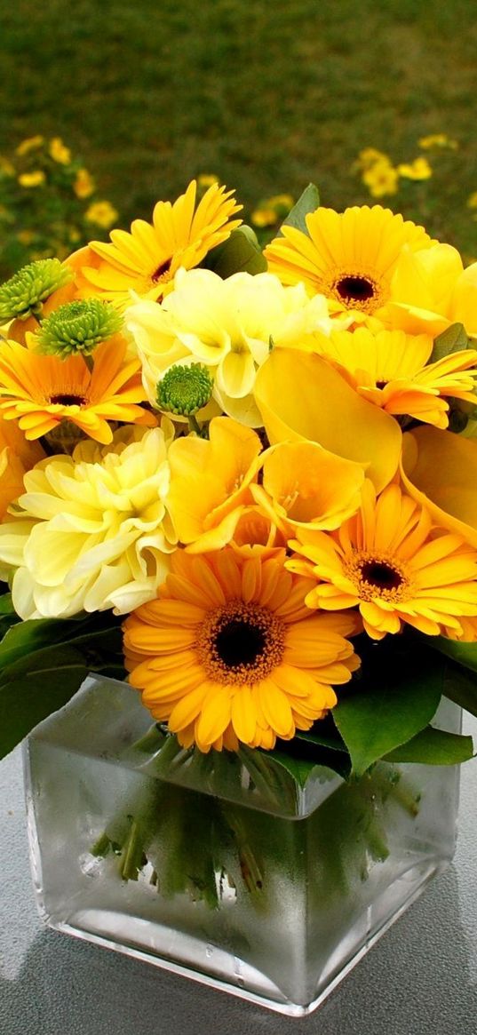 gerbera, calla lilies, flowers, yellow flower, composition