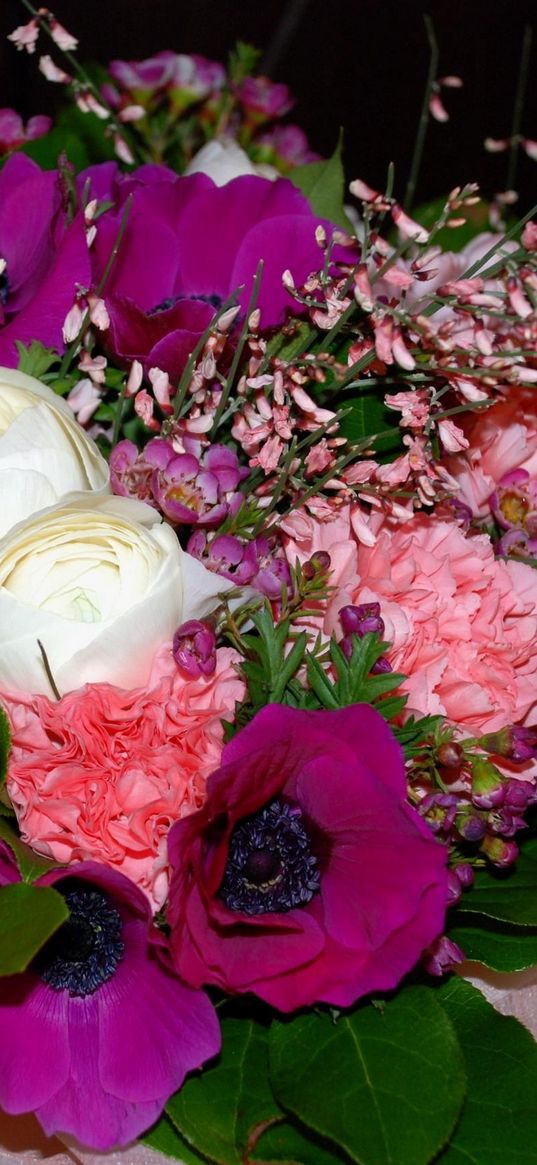 anemones, carnations, flowers, bouquets, composition, leaf, design