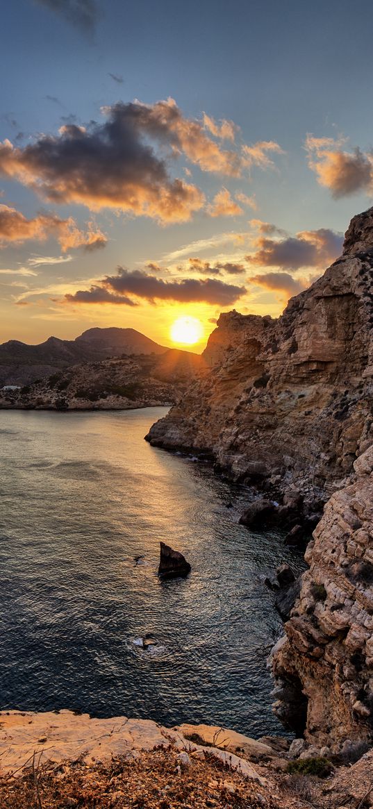 sea, rocks, sunset, coast, evening, landscape