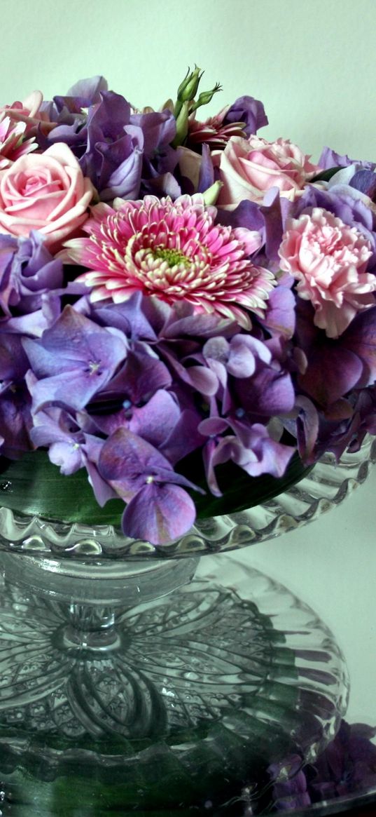 roses, chrysanthemums, flowers, bowl, mirror