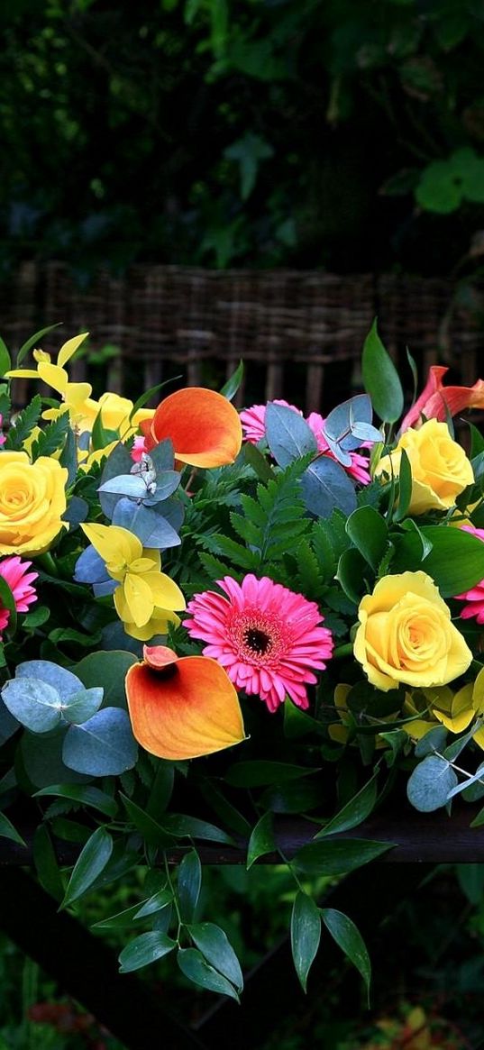 roses, calla lilies, gerbera, twigs, branches, leaves, composition, table