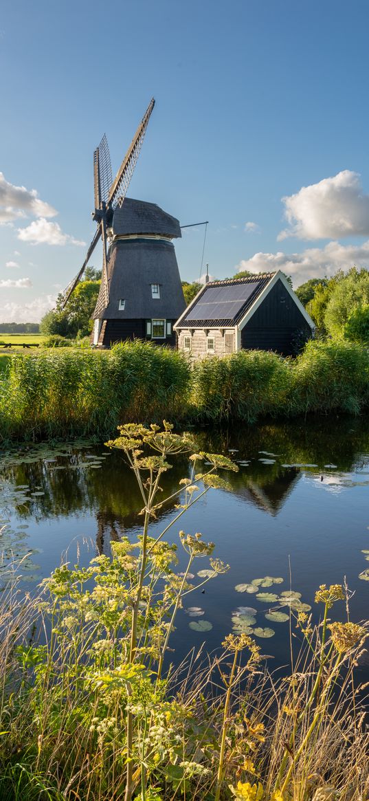 lake, mill, house, summer, nature