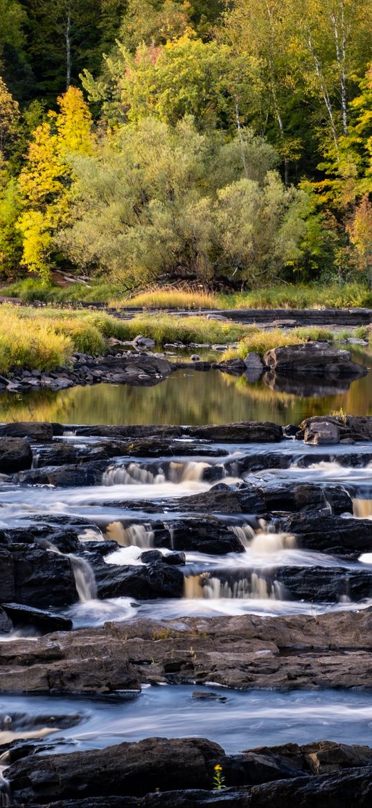 river, cascade, water, rocks, forest, landscape