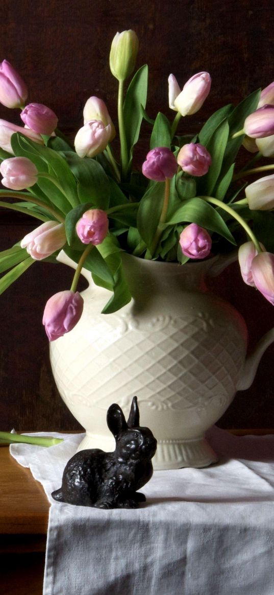 tulips, flowers, bouquet, vase, table, cloth, rabbit