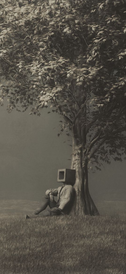 man, cube, tree, alone, surrealism