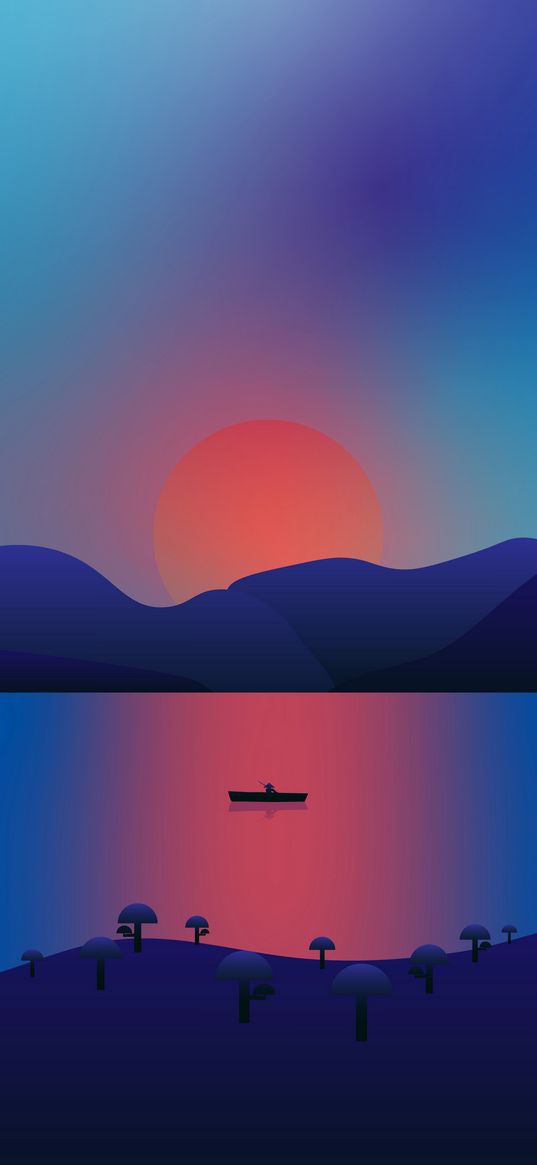 lake, boat, sunset, vector, art