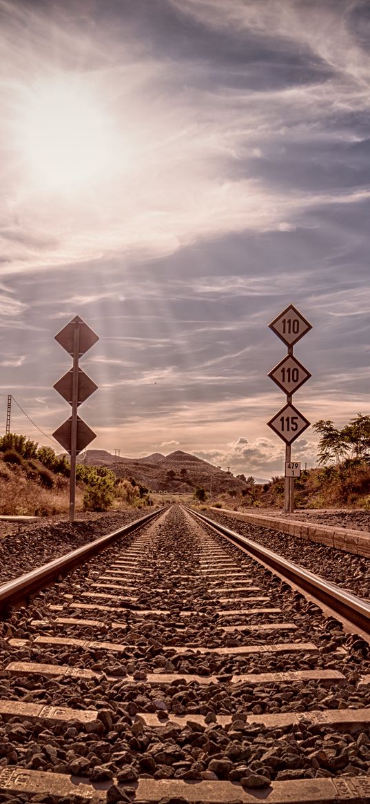 railroad, rails, sun, light